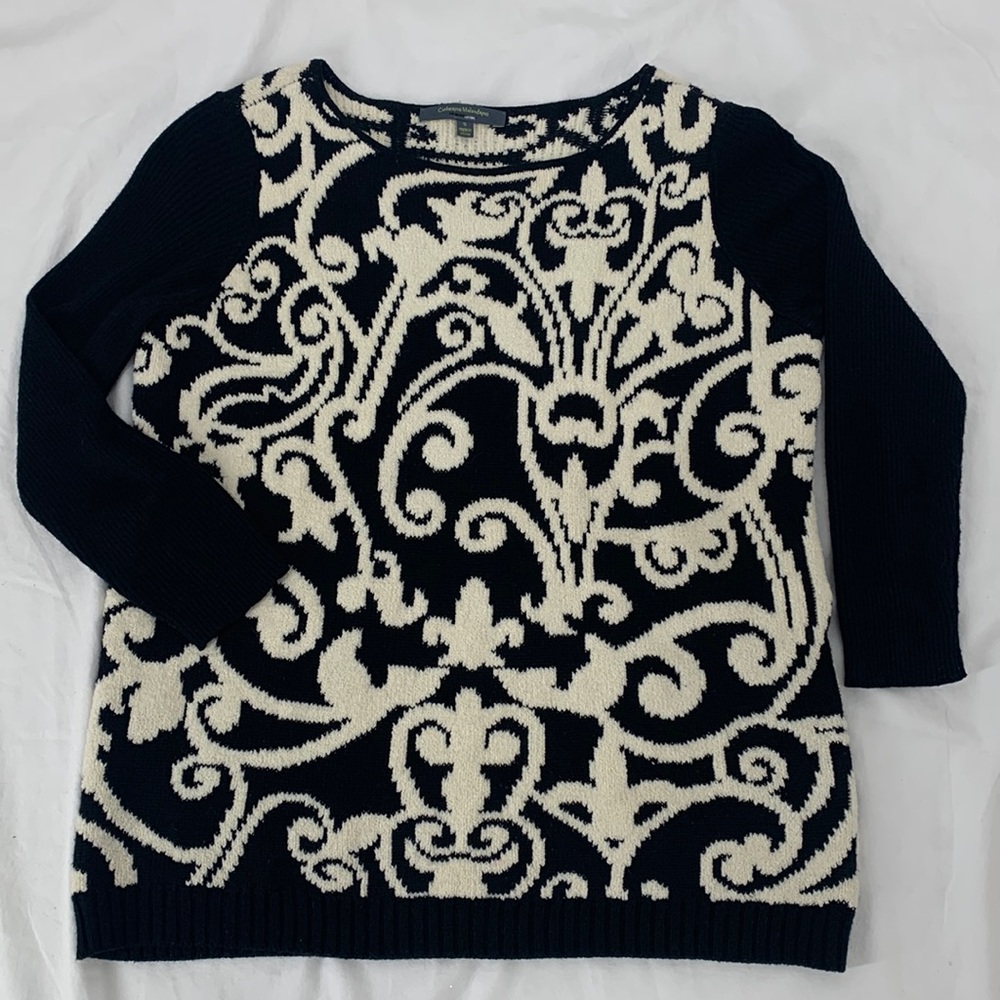 Catherine Malandrino• Black & Cream Plush Damask Design Sweater SzSM